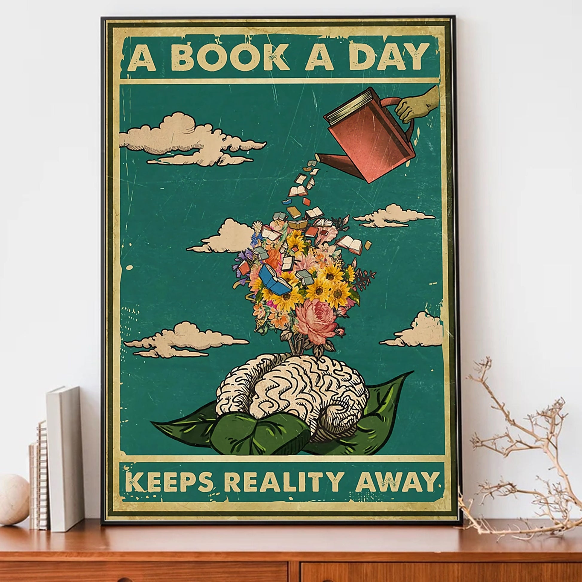A Book A Day Keeps Reality Away Poster, Vintage Water Brain Wall Decor, Book Poster, Bookish Gifts, Bookworm Gifts