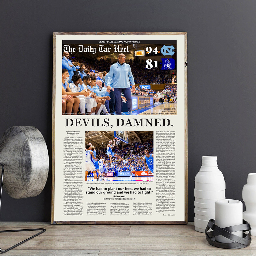 2022 North Carolina College Basketball Print, Baskeball Front Page Newspaper Print, Def. Duke Poster, Coach K Final Game Poster & Canvas