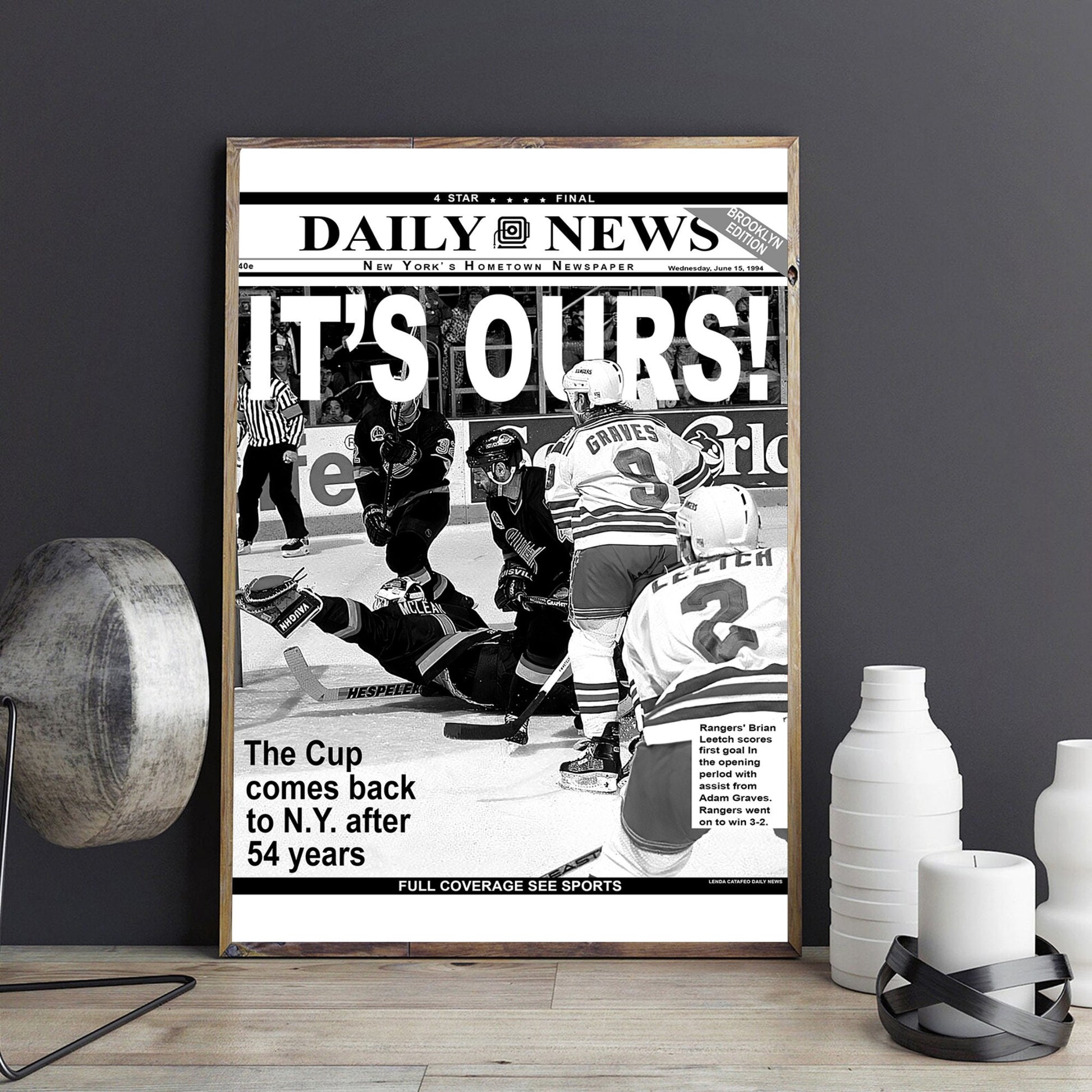 1994 New York Hockey Poster, Stanley Cup Champion Print, Hockey Wall Art, Hockey Front Page Newspaper Wall Art, Hockey Champion Print