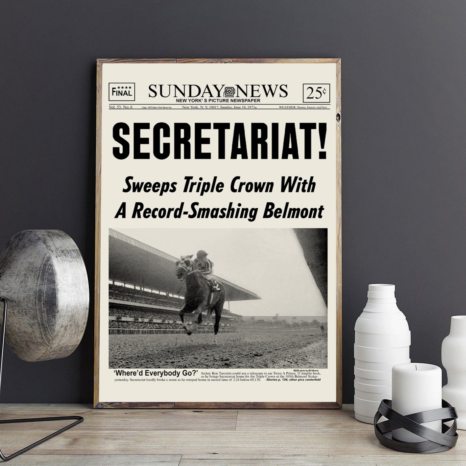 1973 Secretariat Art Printed, Triple Crown Winner Canvas, 1973 Secretariat Wall Art Print, Horse Racing Poster, Sport Newspaper Poster
